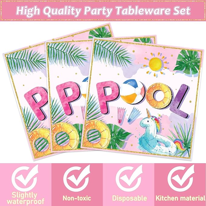 96Pcs Pink Pool Party Plates and Napkins Summer Beach Birthday Party