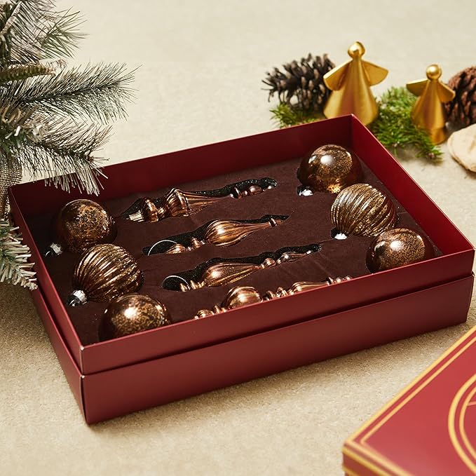 DN DECONATION Mercury Glass Christmas Ornaments, 10pcs Vintage Brown