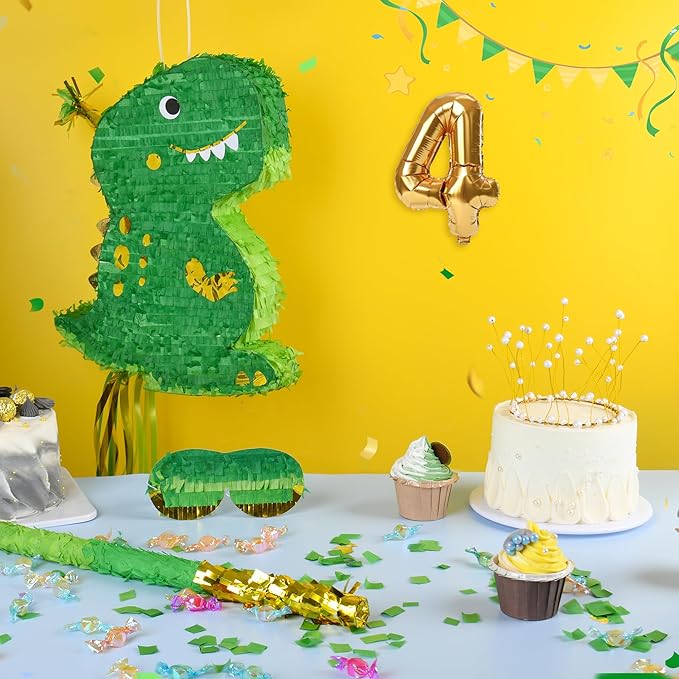 Small Dinosaur Pinata T Rex Green Gold with a Blindfold a Bat and