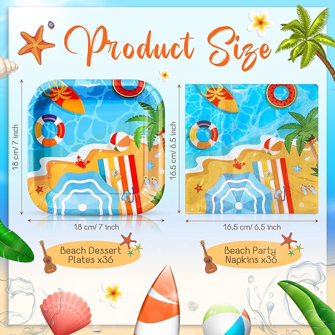 72 Pcs Pool Party Plates and Napkin Serve 36 7 Square Paper Dessert