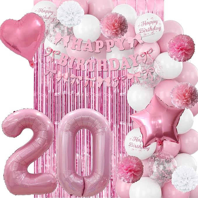 20th Birthday Decorations for Girls Pink Number 20 Balloon Bow