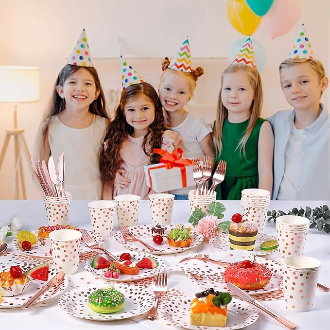 175PCS Rose Gold Party Supplies,Rose Gold Dot on White Paper Plates