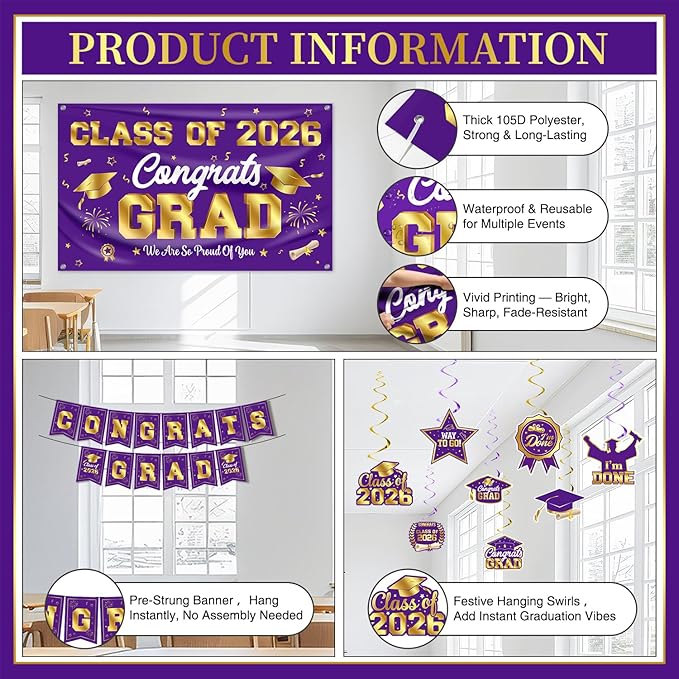 Graduation Decorations 2026 Purple and Gold Graduation Party Decor