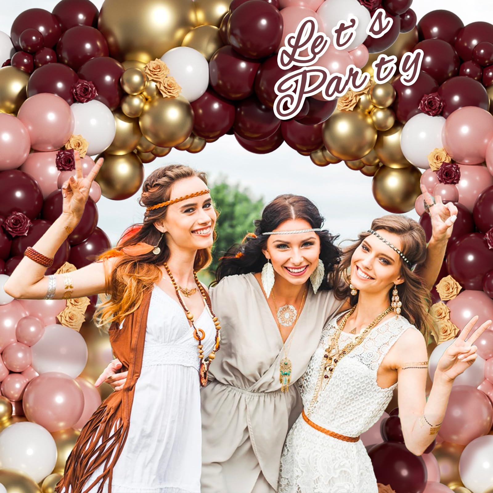 142pcs Burgundy Balloon Arch Garland Kit with Metallic Rose Gold