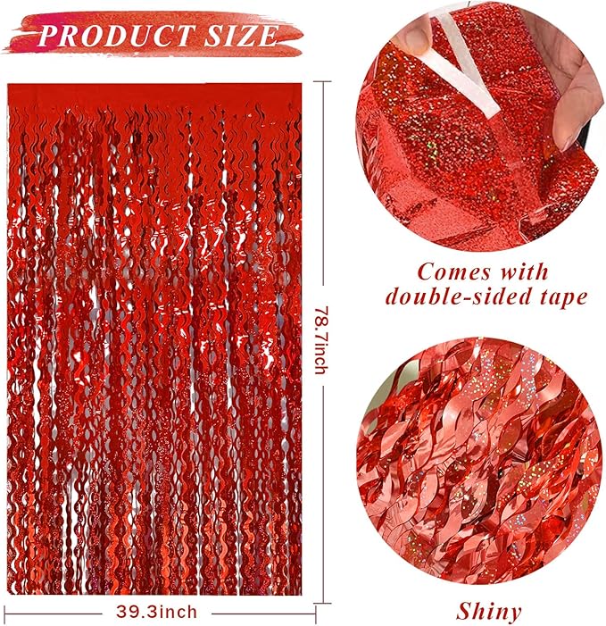 Red Streamers Tinsel Foil Fringe Curtains Wavy for Parties Sparkle