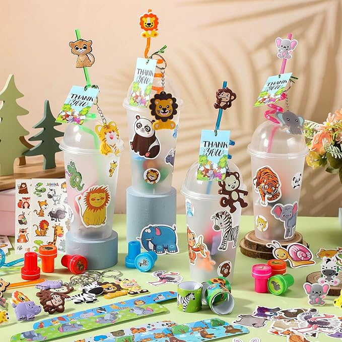172 Pcs Jungle Party Favors Set Include Cup Straw Stamp Clap