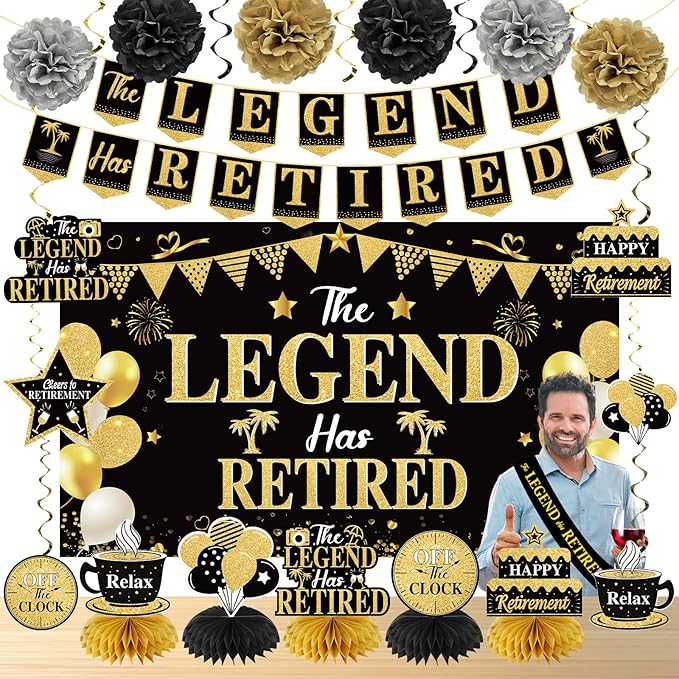 Retirement Party Decorations for Men Black Gold Happy Retirement