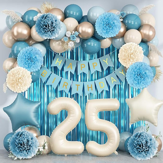 Dusty Blue 25th Birthday Party Decorations for Her Him Beige Cream