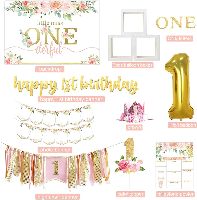 Baby Girl 1st Birthday Decorations Balloon Boxes Backdrop High Chair