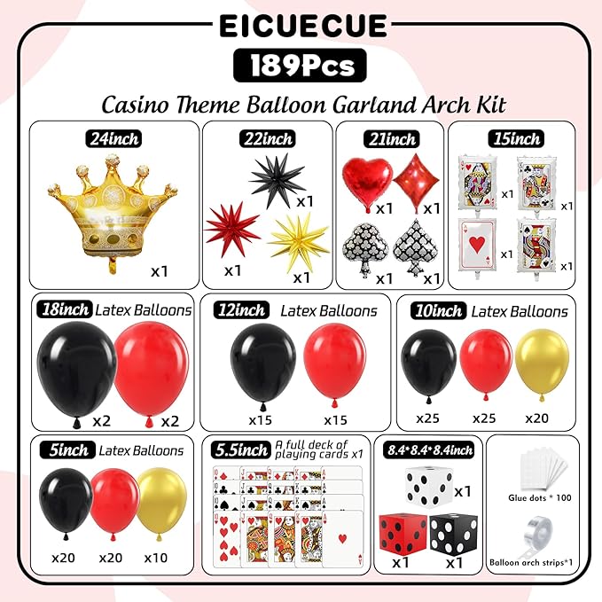 Casino Balloons Arch Kit - Latex Balloons, Dice Boxes, Full Deck of
