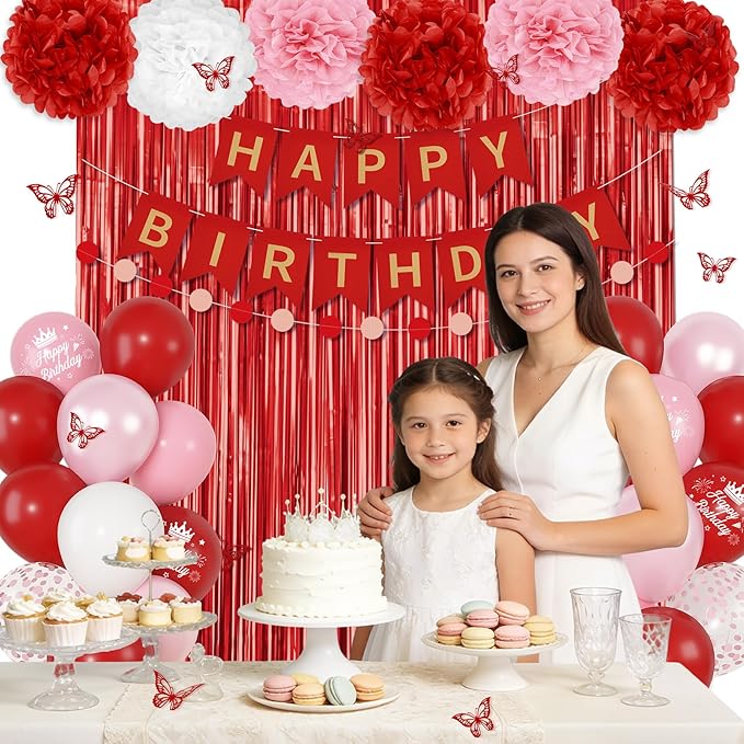 Red Birthday Decorations for Women Girls, Pearl Pink White Confetti