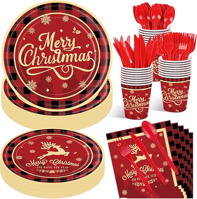 175 Pcs Merry Christmas Party Supplies Set Serves 25 Festive Red and