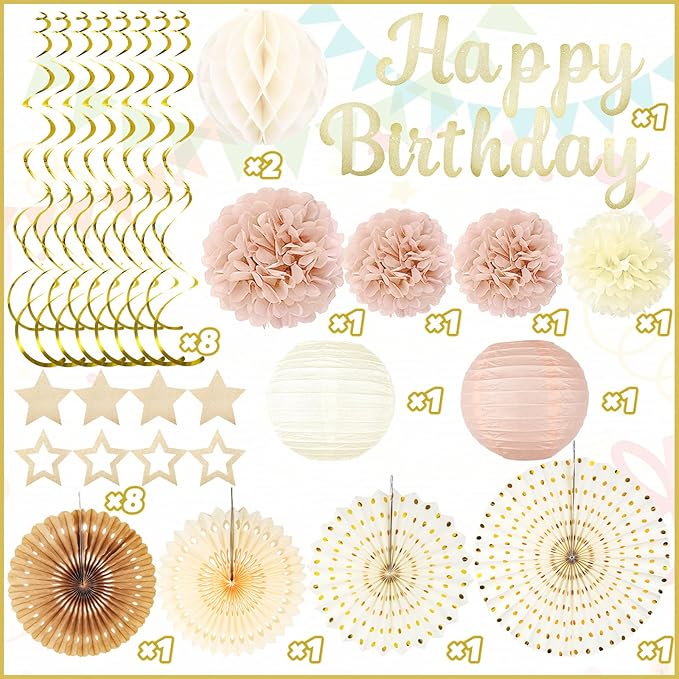 Champagne-Gold Fall Boho Birthday Party-Decorations - 29pcs Beige