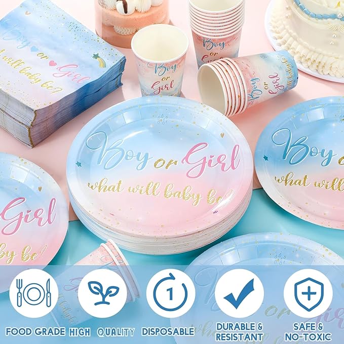200 Pcs Gender Reveal Baby Shower Paper Plates Napkins Cups Baby