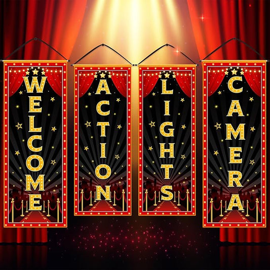 4 Pcs Movie Night Porch Banner Movie Themed Party Decorations