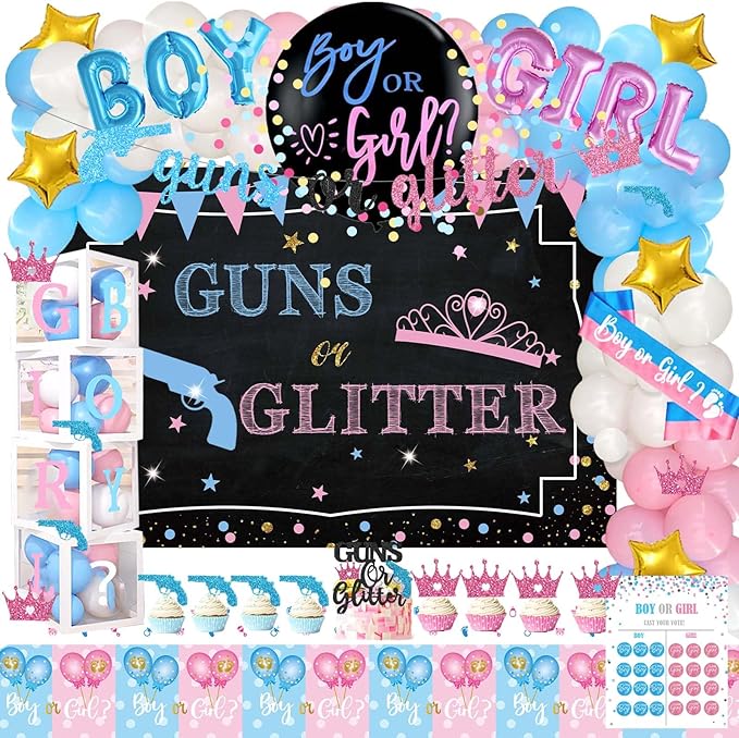 Guns or Glitter Gender Reveal Decorations 169 PCs Boy or Girl Gender
