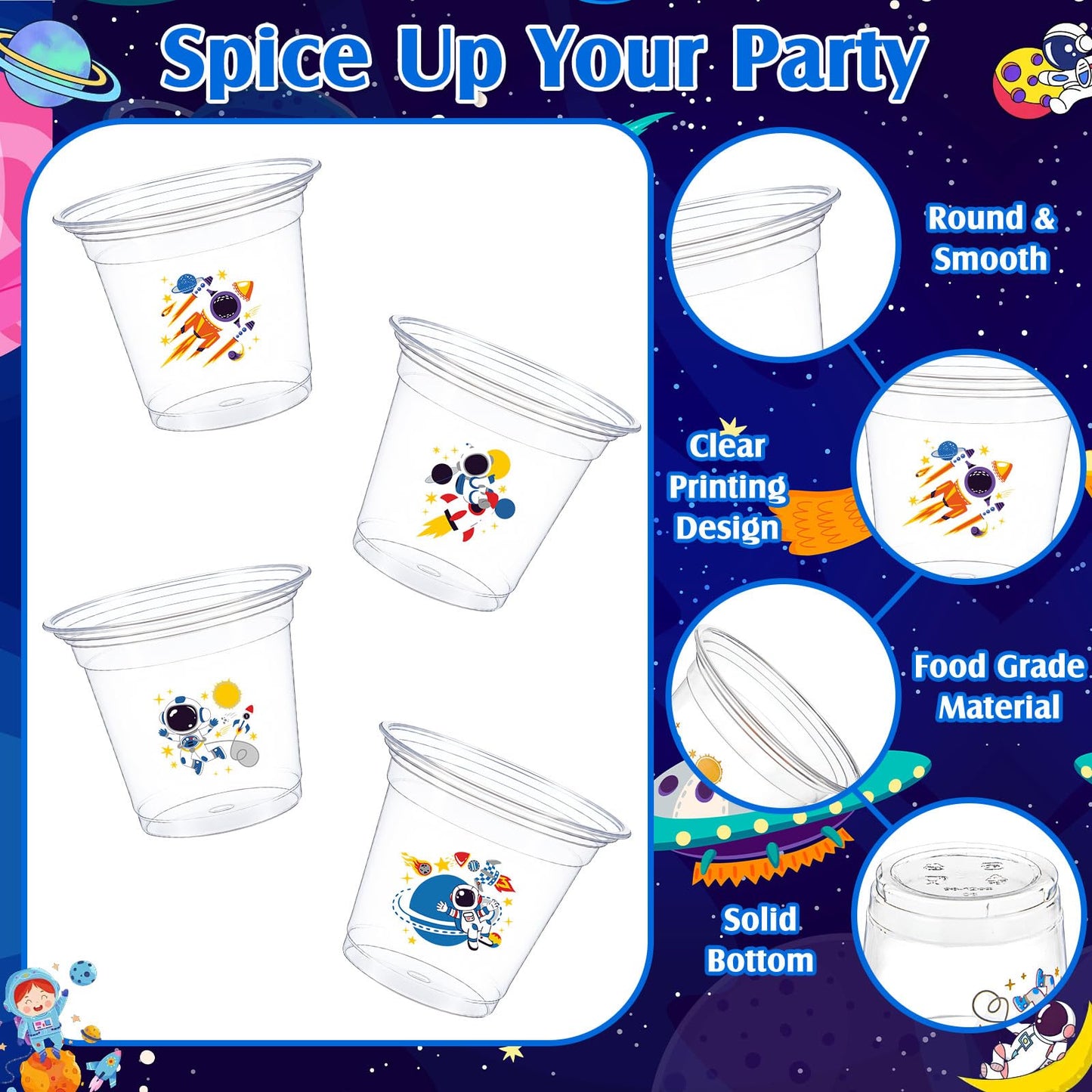 100 Pcs Space Party Plastic Cups 12 oz Astronaut Disposable