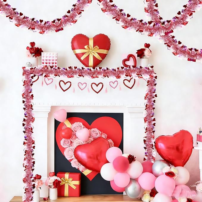 Valentines Day Garland with Hearts 50 Ft Pink Red Glitter Tinsel