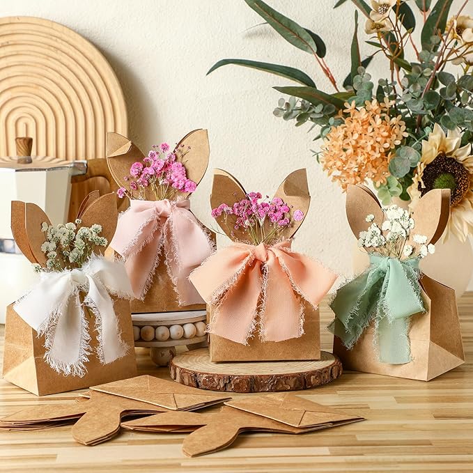Affrolling 48 Set Boho Bow Easter Bunny Party Favor Bags DIY Bunny