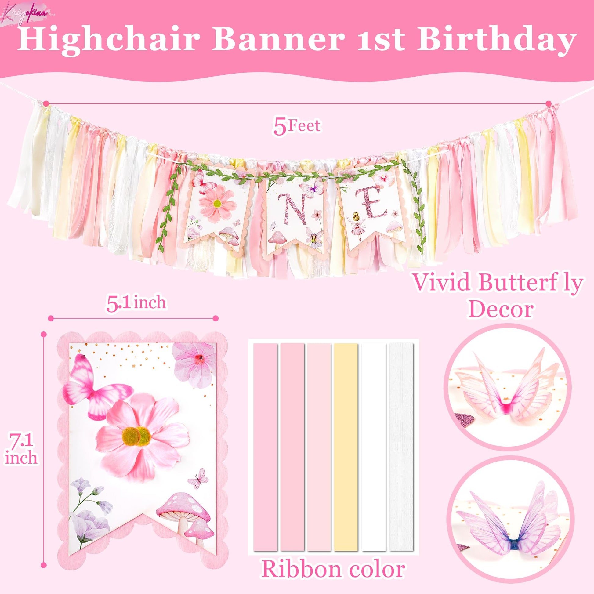 Kriyokiaa Highchair Banner 1st Birthday Girl Floral and Butterfly