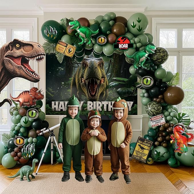 ROAR Dinosaur Birthday Decorations include Sage Green Brown balloon