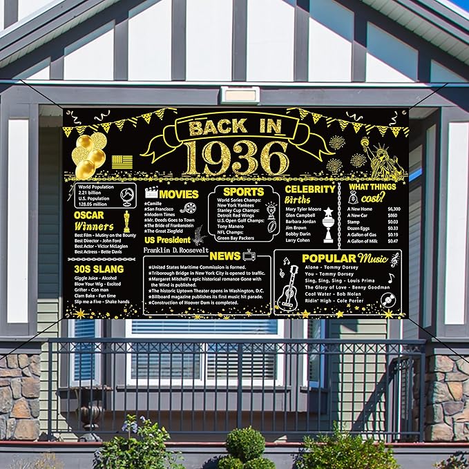 DARUNAXY 90th Birthday Black Gold Party Decoration, Back in 1936