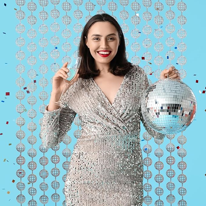 BRAVESHINE Disco Hanging Balls Fringe Backdrop - 2 Pack Silver Tinsel