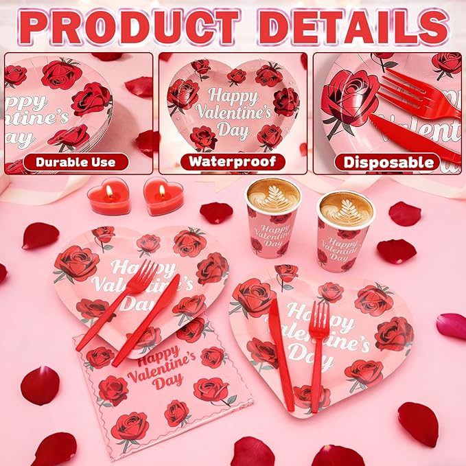 125PCS Valentine's Day Plates and Napkins Set Rose Heart Disposable