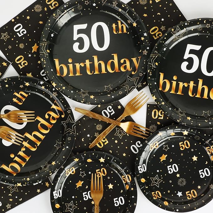 96 Pcs 50th Birthday Party Supplies Paper Plates Napkins Golden