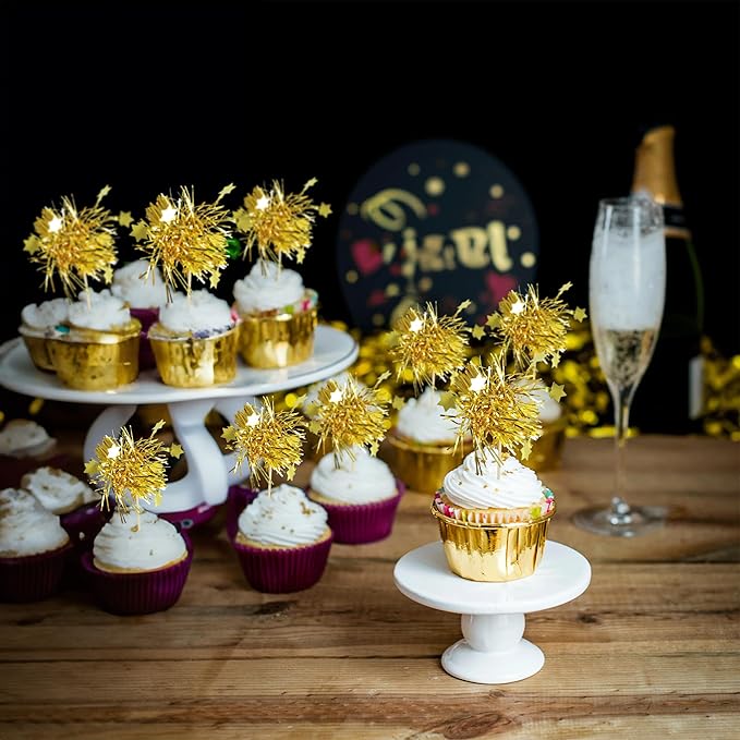 Gyufise 30Pcs Star Foil Firework Cupcake Toppers Sparkle Tinsel Cake
