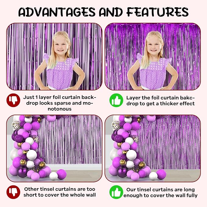 Voircoloria 2 Pack Purple Foil Fringe Backdrop Curtains, Tinsel