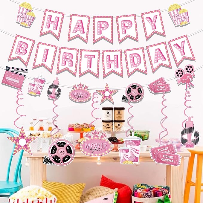 Pink Movie Night Party Decorations Kit 2pcs Popcorn Camera & Film