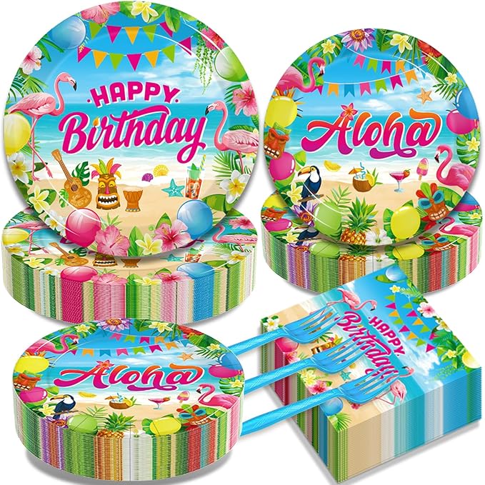200Pcs Hawaiian Aloha Party Tableware Set Luau Tropical Birthday