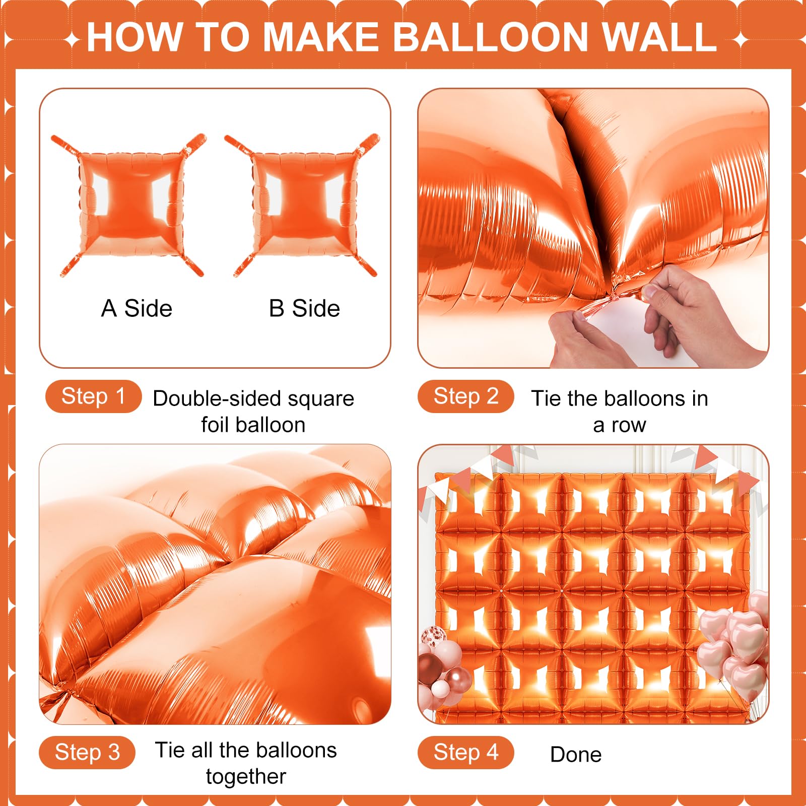 Orange Square Foil Balloons 25 Pcs Metallic Orange Balloons Wall