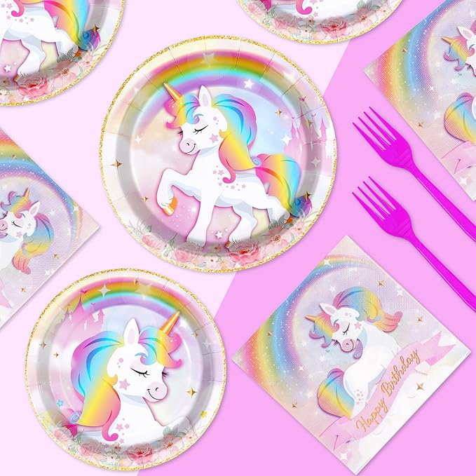 96 Pcs Unicorn Birthday Party Decorations 350 GSM Disposable Rainbow