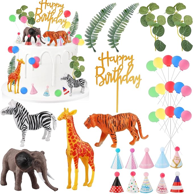 34 Pcs Safari Animal Cake Toppers with Mini Birthday Party Hats