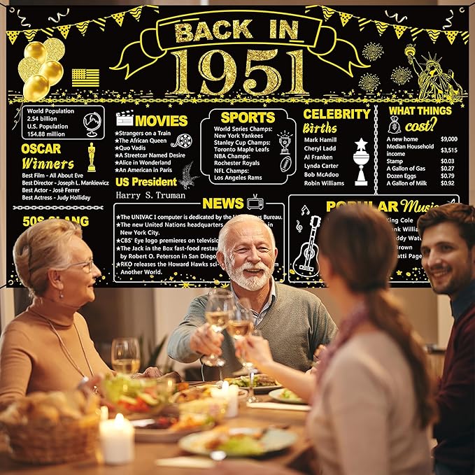 DARUNAXY 75th Birthday Black Gold Party Decoration, Back in 1951