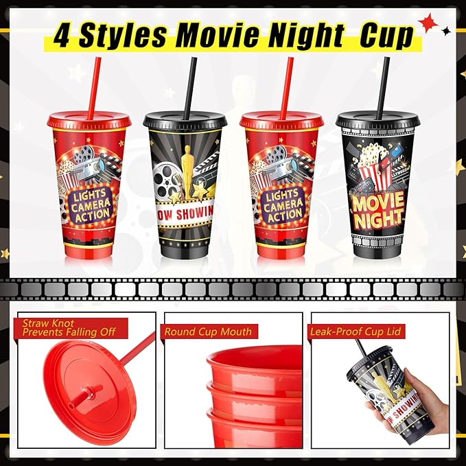 Uiifan 12 Pcs Movie Night Cups 24oz Reusable Tumbler with Lid and