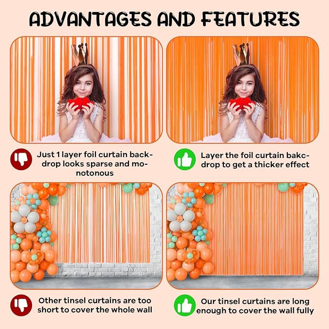 Voircoloria 2 Pack Orange Foil Fringe Backdrop Curtains, Tinsel