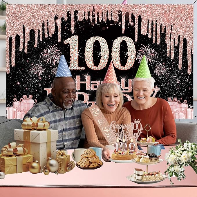 100th Birthday Decorations for Women with Banner Rose Gold