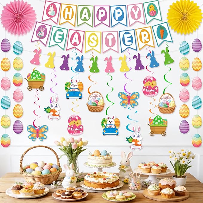 55 Pcs Easter Decorations Happy Easter Banner Hanging Decorations