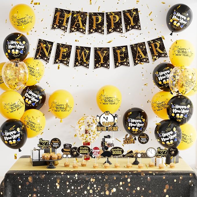 Happy New Year Party Decorations Black & Gold Balloons Happy New