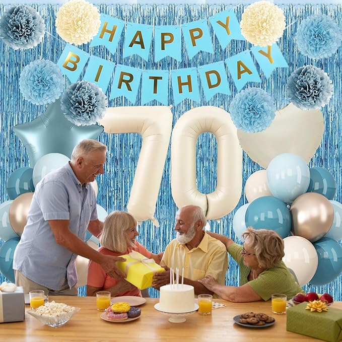 Dusty Blue 70th Birthday Party Decorations for Women Men Beige Cream