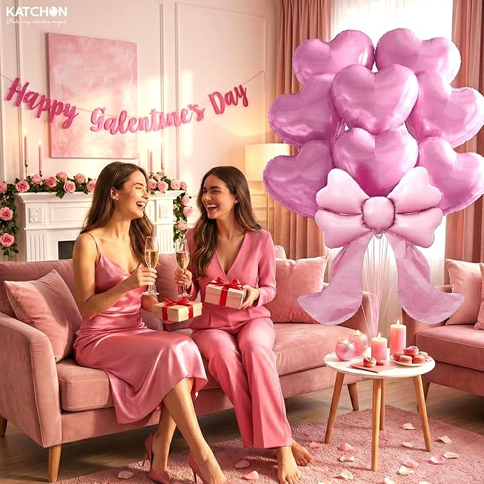 KatchOn, Heart & Bow Balloons Set Pack of 9 Pink | Valentines Day