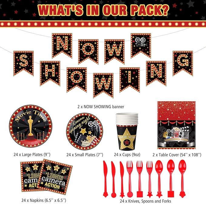 171 Pcs Movie Night Party Supplies Serves 24 Include Movie Theater