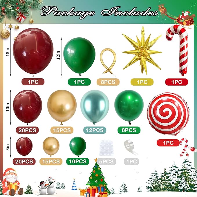 Christmas Balloon Arch Red Dark Green Gold Balloons with Candy Cane