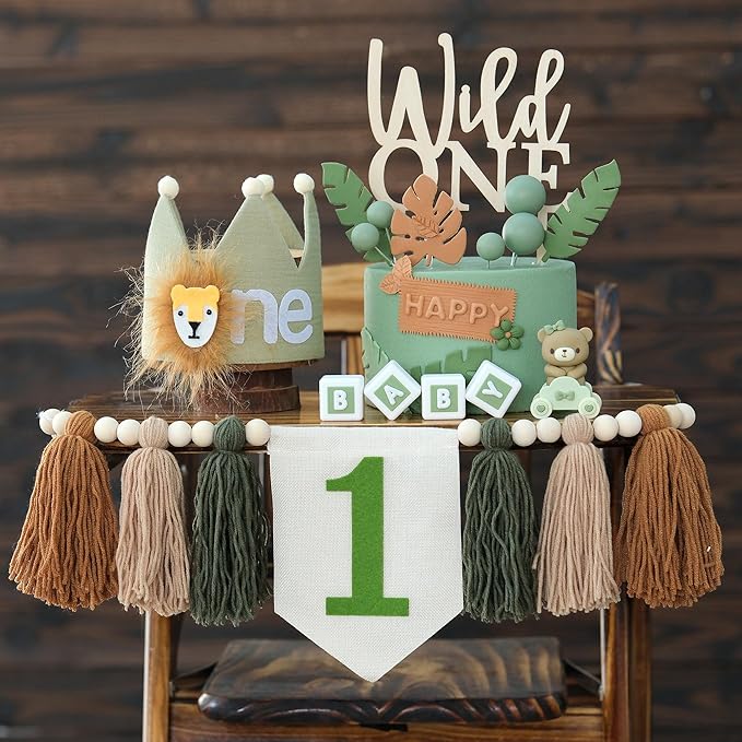 Wild One 1st Highchair Banner Wood Bead Tassel Garland Lion Crown