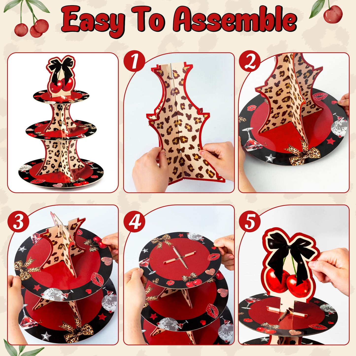 Haooryx Cheetah Cherry Cupcake Stand - 2Pack 3 Tier Red Cherry Bow