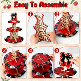 Haooryx Cheetah Cherry Cupcake Stand - 2Pack 3 Tier Red Cherry Bow