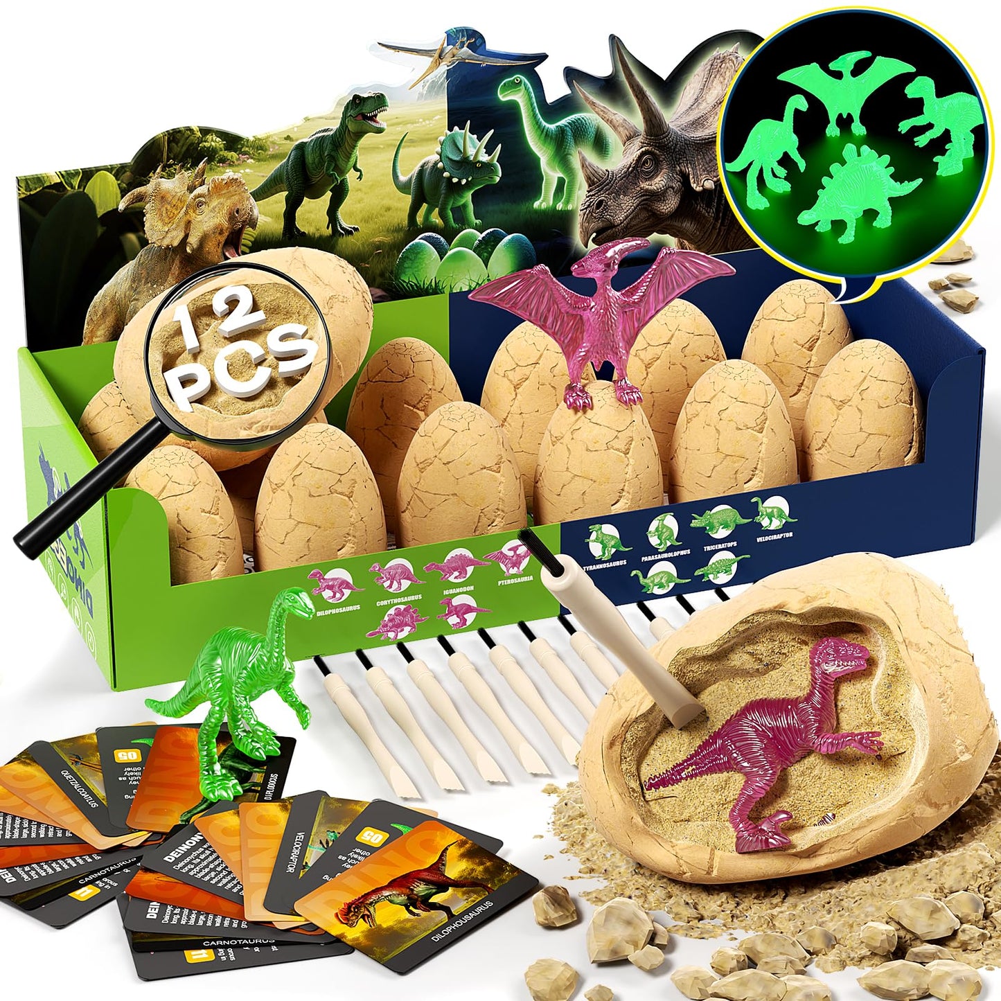12 Glow in The Dark Dinosaur Eggs, Dig Kit Toys for Kids, Dinosaur